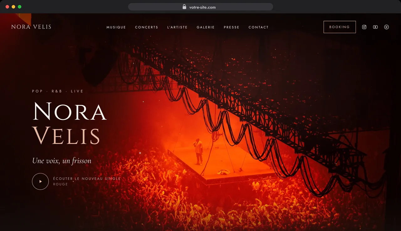 Maquette de site pour un artiste fictif : Nora Velis, pop R&B.