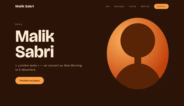 Maquette de site pour un artiste fictif : Malik Sabri, soul.